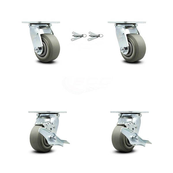 4 Inch Thermoplastic Rubber Caster Set with Ball Bearings 2 Swivel Lock 2 Brake